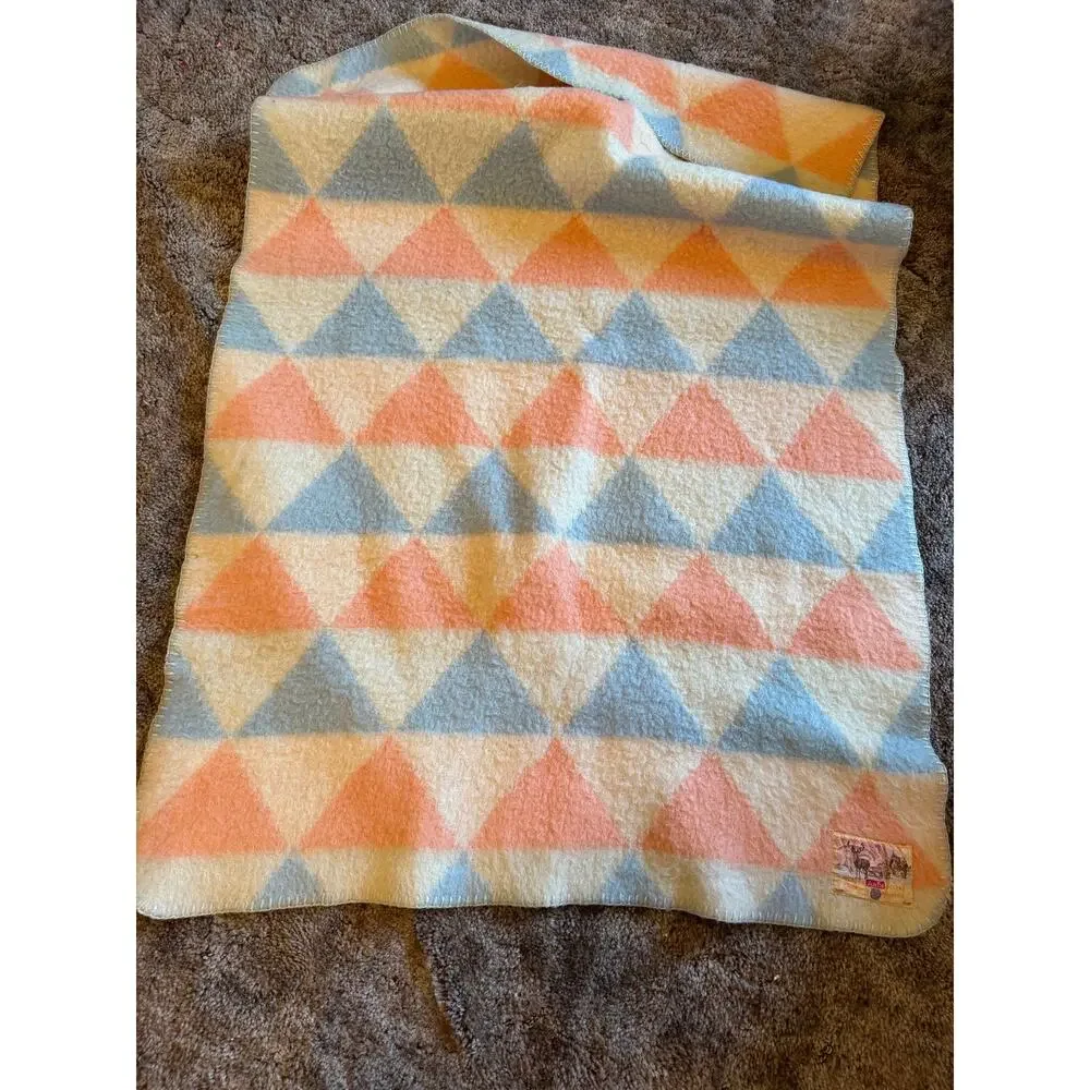 Vintage AaBe Mill Dutch 100% Pure New Wool Blanket Pastel Geometric Triangles